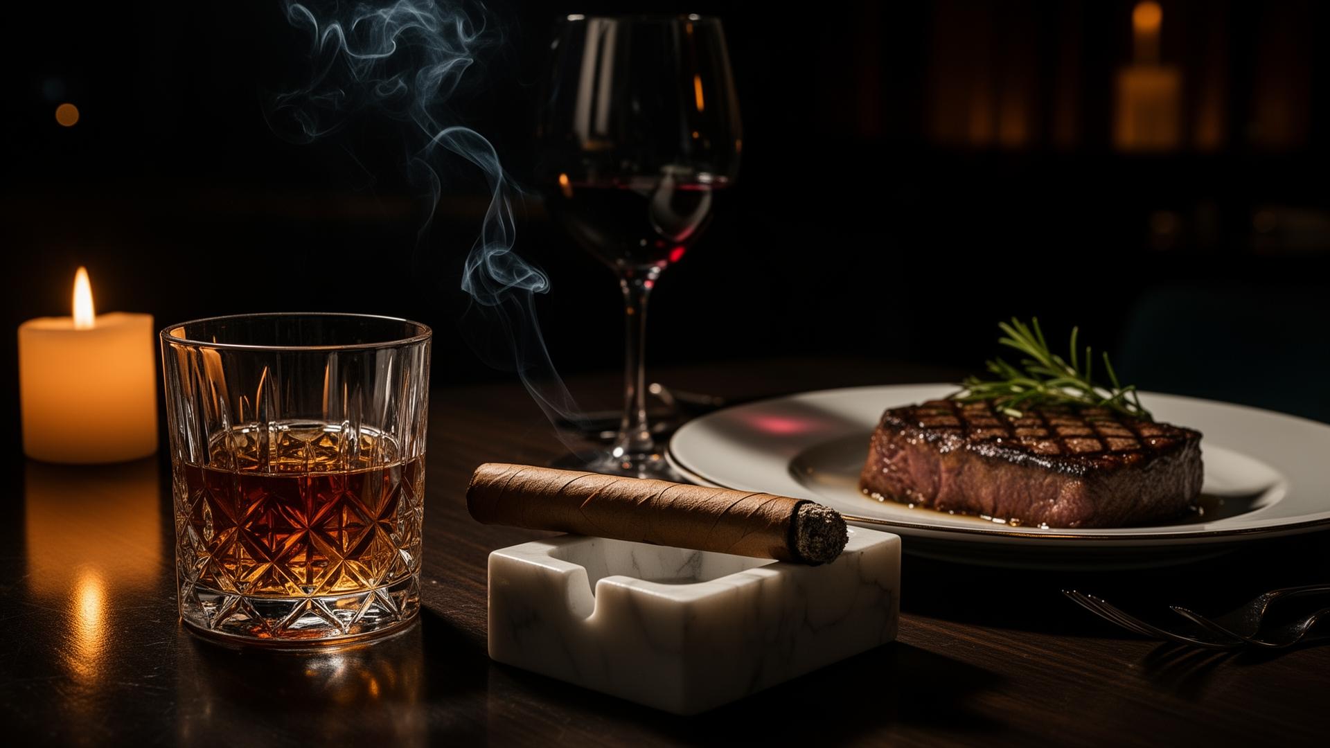 Whiskey, cigar, and plated dinner on a dark moody table